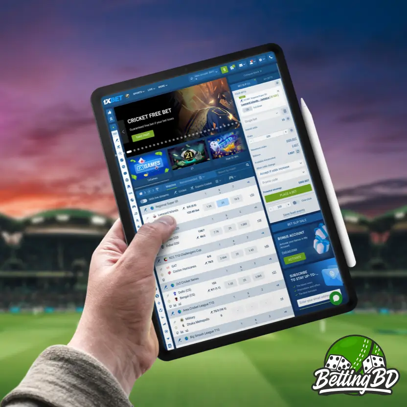 The user navigates the 1xBet Bangladesh app during a cricket match