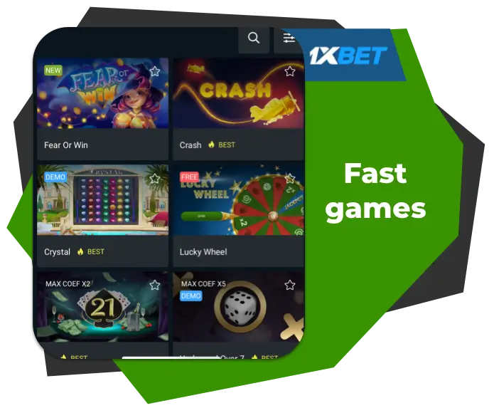 Variety of fast games in 1xBet casino