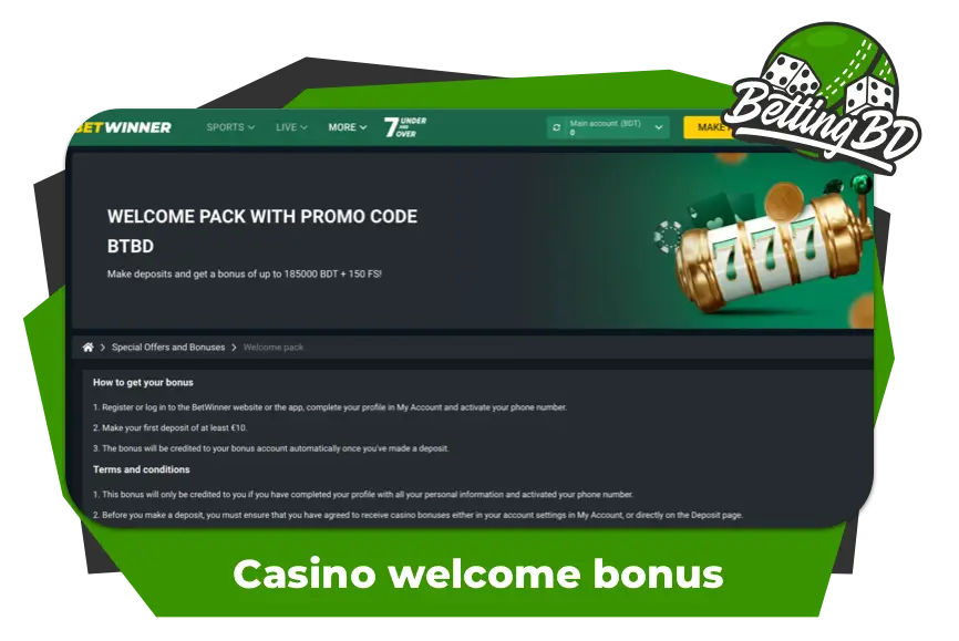 Screenshot of casino welcome bonus at Betwinner