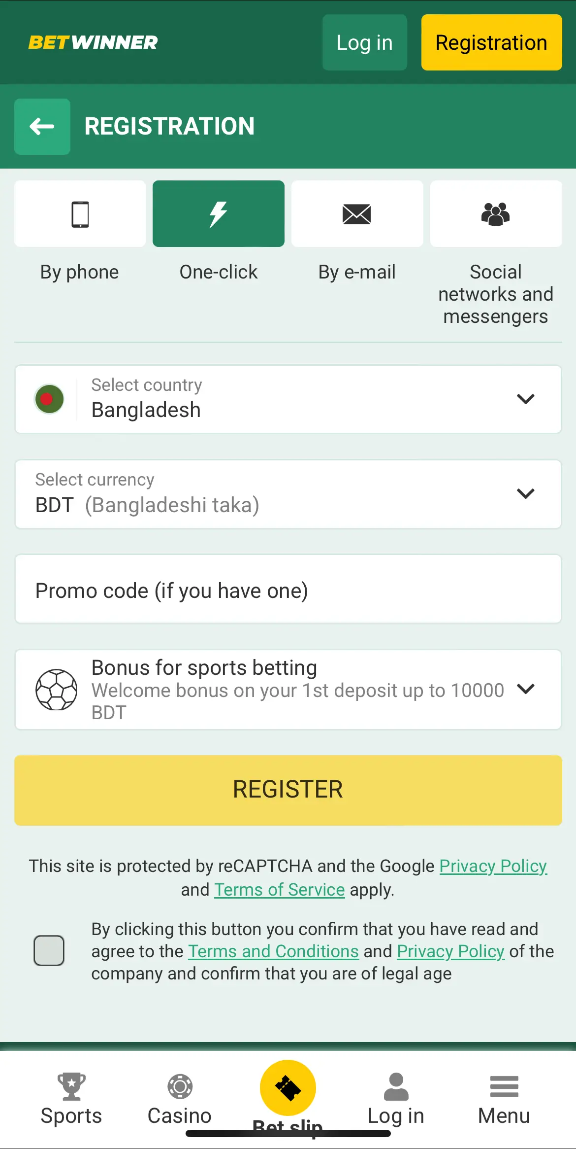 registration at Betwinner BD by phone