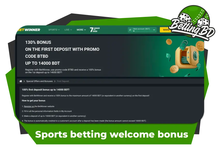 Screenshot of welcome bonus at Betwinner Bangladesh for sports betting