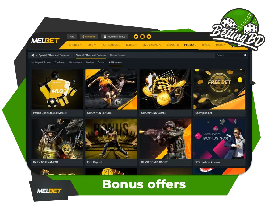 Screenshot of the bonuses available to players at Melbet