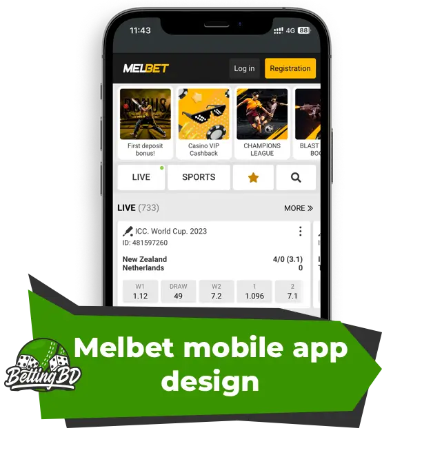Interface design of the Melbet mobile app