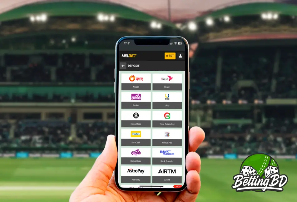 A person is making a deposit on the Melbet Bangladesh app at a cricket match