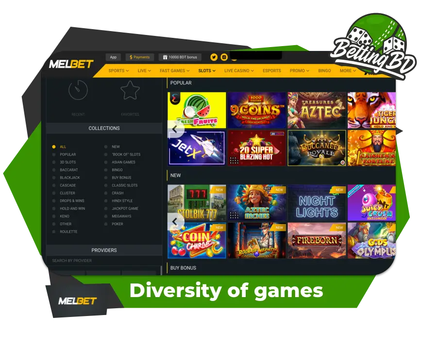 Diversity of games: slots, live casino on the screenshot of Melbet Bangladesh page