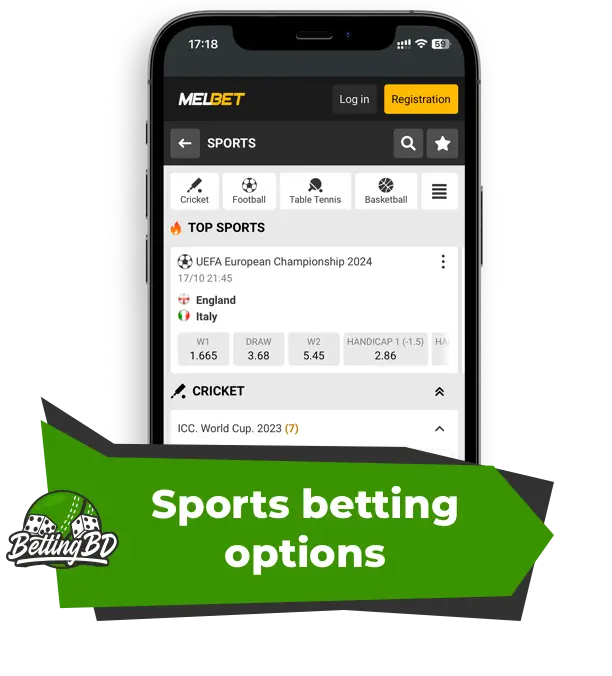 Illustration of the large selection of sports betting options at Melbet