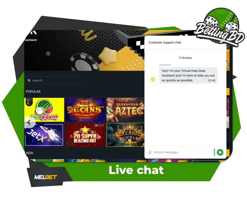 Screenshot of communication with player support in live chat