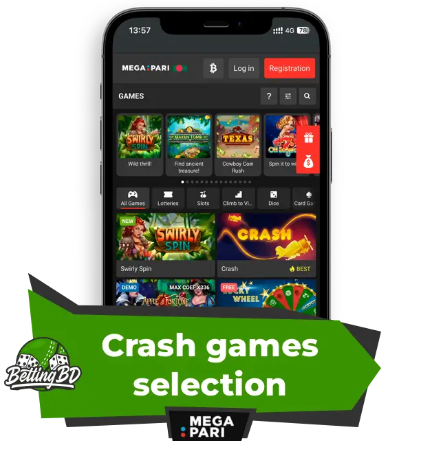 Crash games selection at megapari app