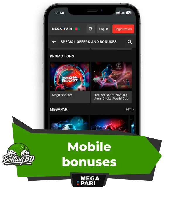 Megapari mobile bonuses page open on device