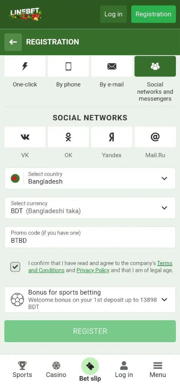 registration option social networks